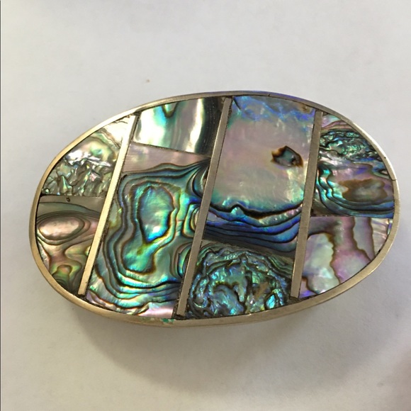 Abalone shell inlay silver tone belt buckle - Picture 4 of 7